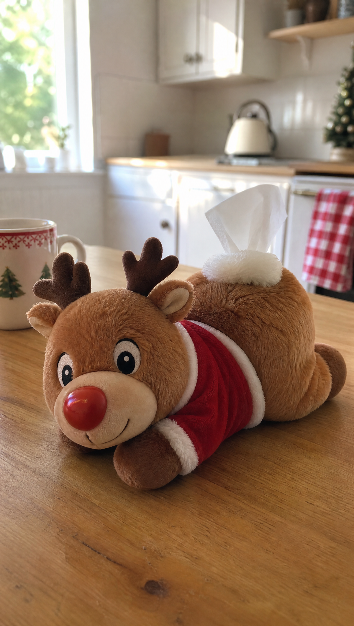 Plush reindeer tissue holder in a red Santa sweater on a kitchen table