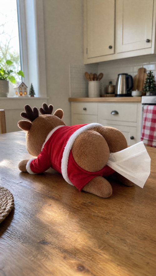 Back view of the reindeer tissue holder with a tissue coming out of its rear